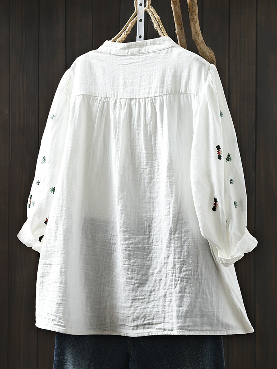 Women Summer Embroidery Stand Collar 100%Cotton Shirt