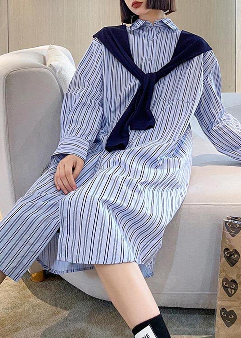 Blue Stripe Long Patchwork Cape Design Loose Shirt Skirt