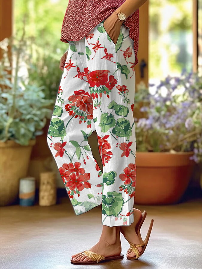 Women's Oil Painting Floral Pocket Patchwork Loose Casual Pants