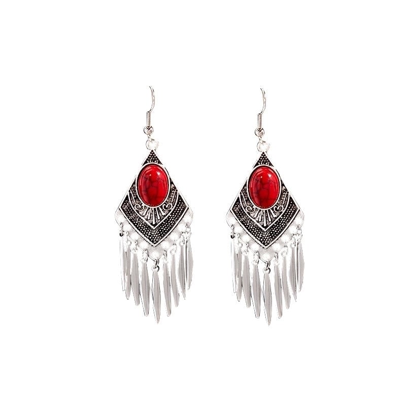 Bohemian Blue Turquoise National Style Earrings Imitation Miao Silver Metal Earrings Vintage Tassel Earrings