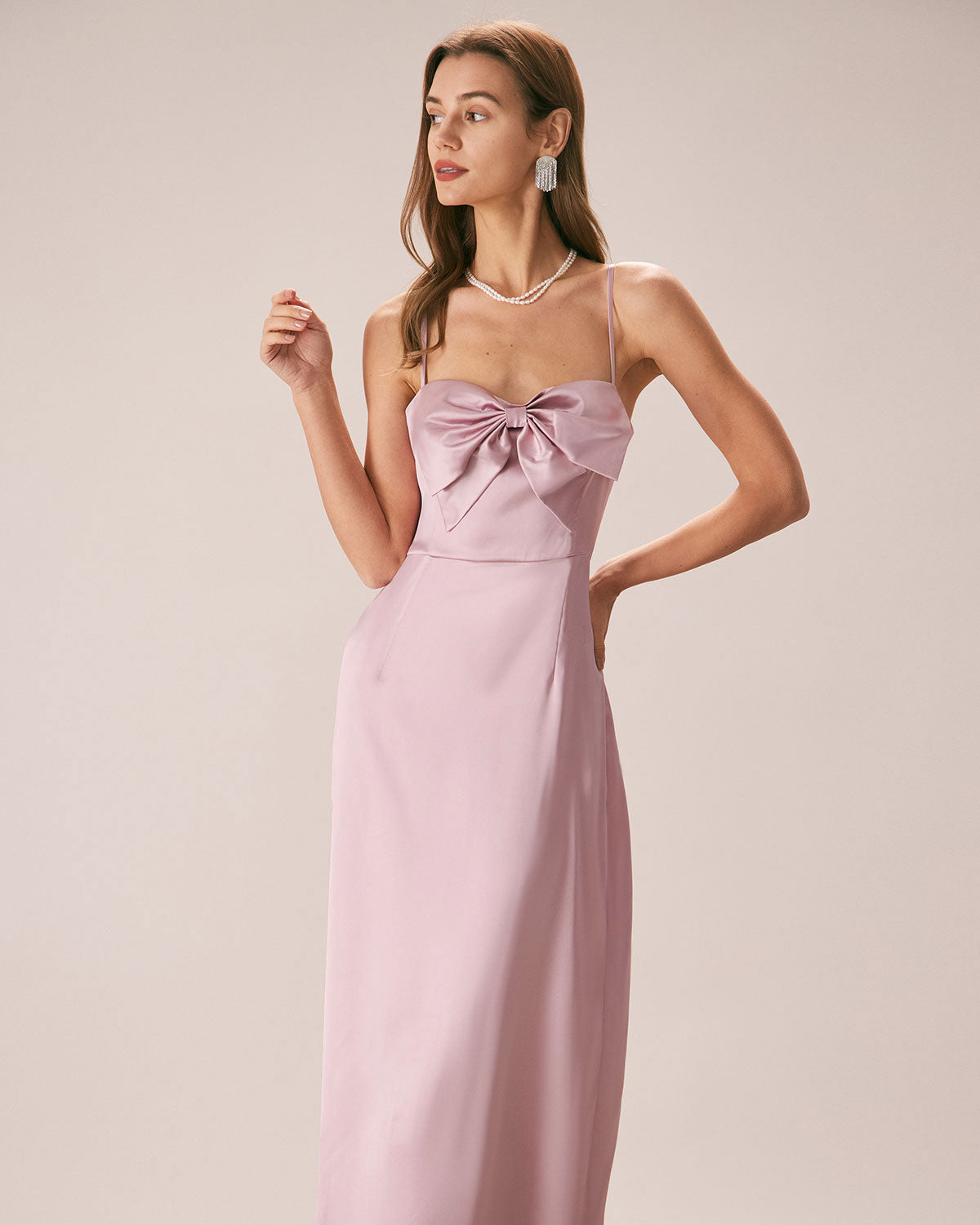 The Pink Bowknot Satin Strap Maxi Dress