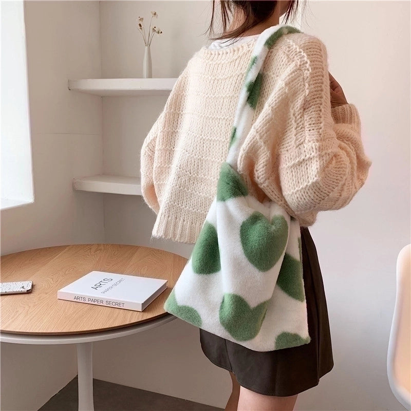 Women's Large Autumn&winter Plush Heart Shape Cute Square Sticky Cloth Underarm Bag