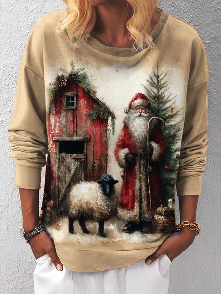 Vintage Santa and Lamb Print Casual Top