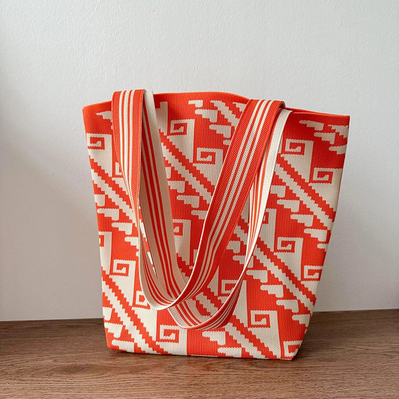 Women's Large Polyester Printing Classic Style Square Open Straw Bag