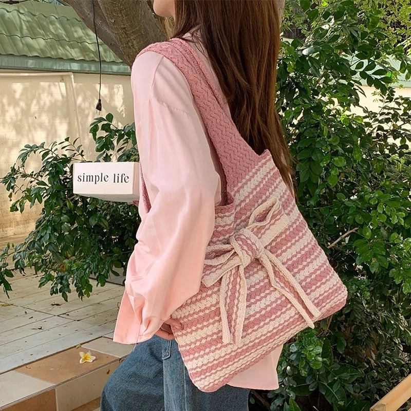 Women's Medium Polyester Stripe Bow Knot Vintage Style Weave Open Shoulder Bag