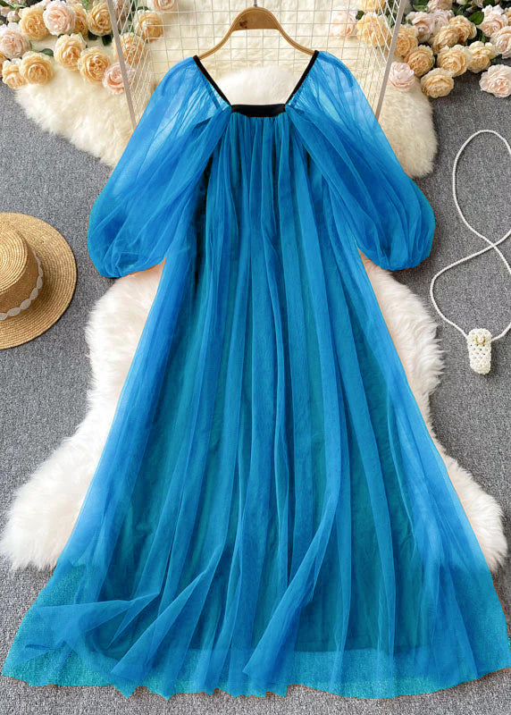 Coffee Square Collar Wrinkled Patchwork Tulle Dresses Lantern Sleeve