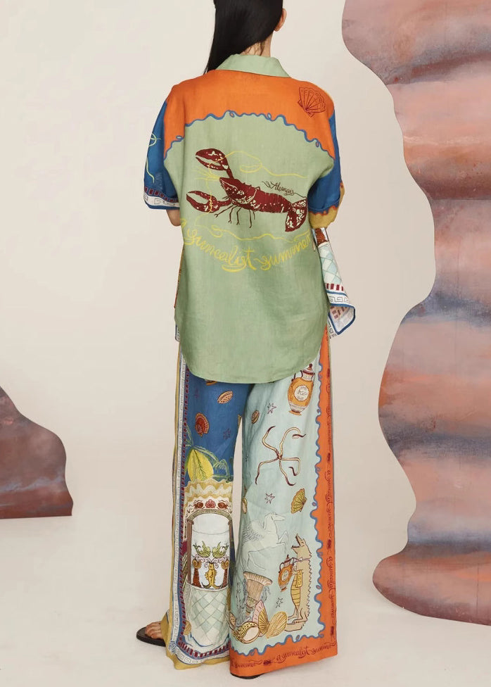 Bohemian Print Elastic Waist Shirts And Wide Leg Pants Two Pieces Set Short Sleeve