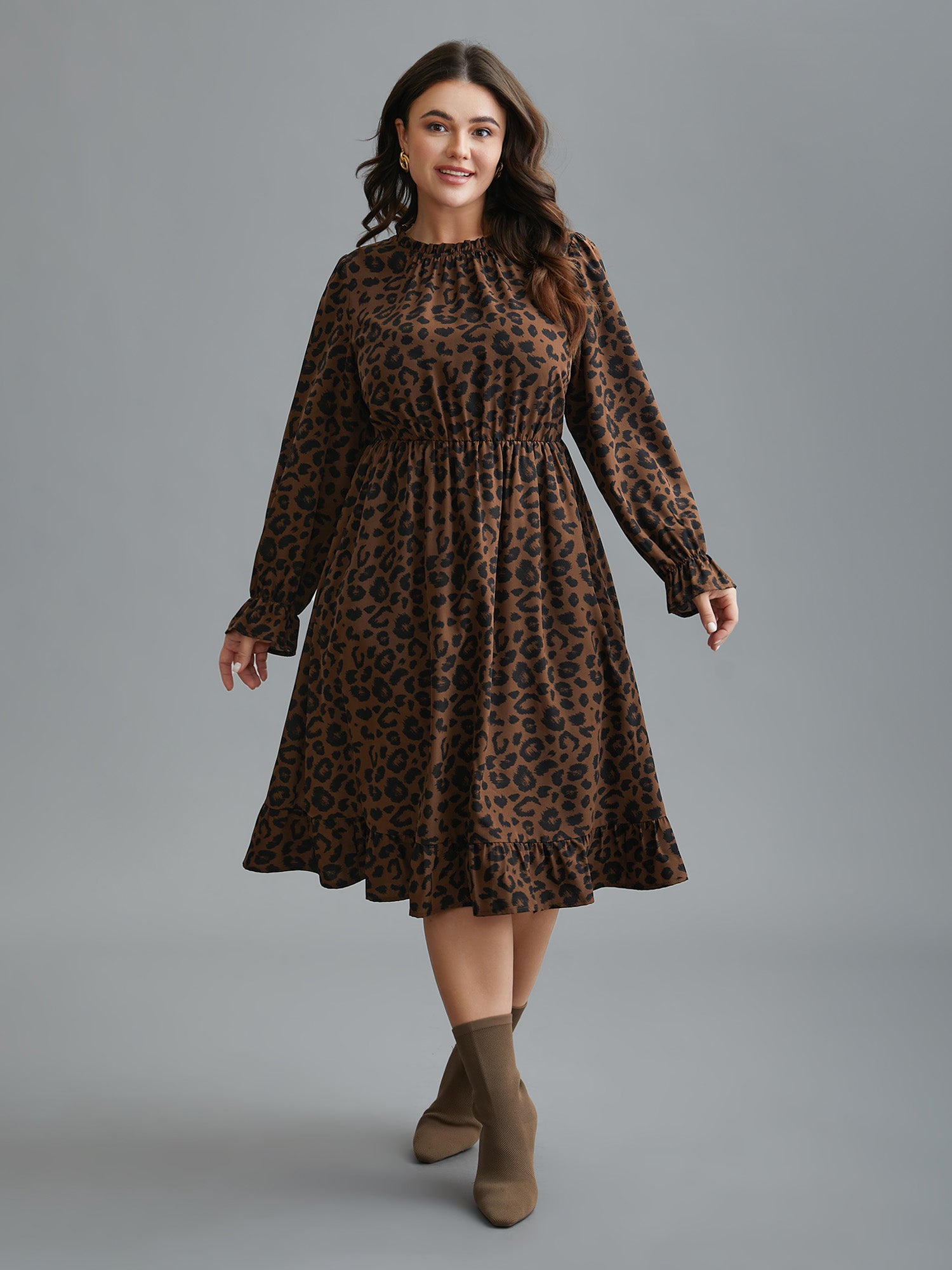 Leopard Print Ruffles Mock Neck Elastic Waist Dress