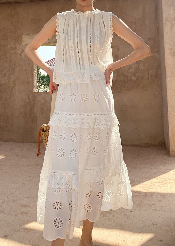 French White Hollow Out Blouses And Skirts Cotton Two Pieces Set Sleeveless