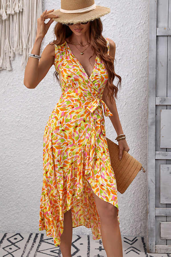 Floral Print V Neck Tie Waist Dress