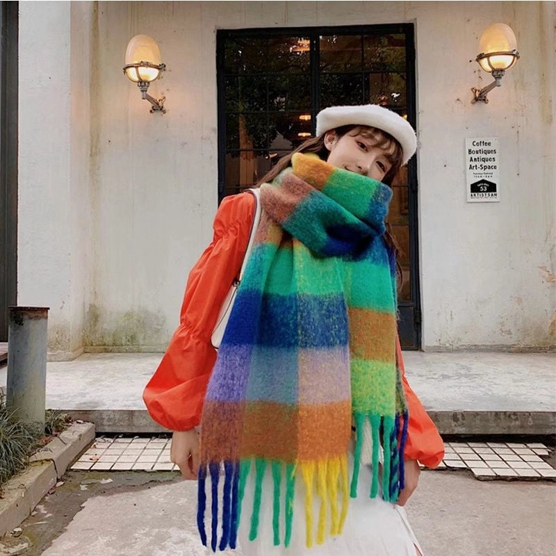 Rainbow Plaid Scarf Women's Autumn And Winter Thickened Mohair Student Couple Contrast Color Matching Thickened