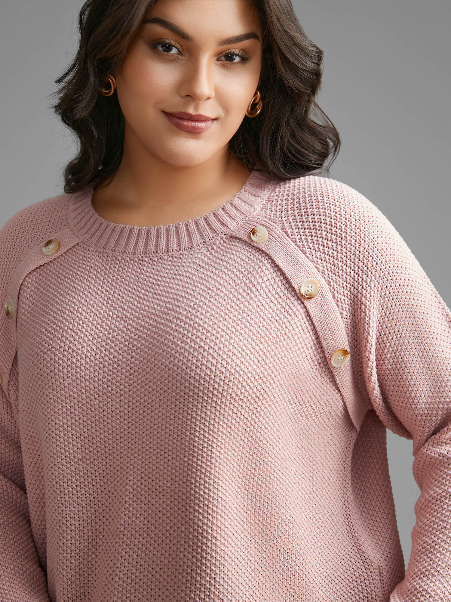 Plain Textured Button Detail Curved Hem Pullover