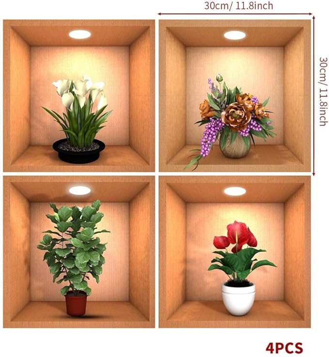 4 Pieces 3D Beautiful Decal Flower Pot Design Wall Sticker