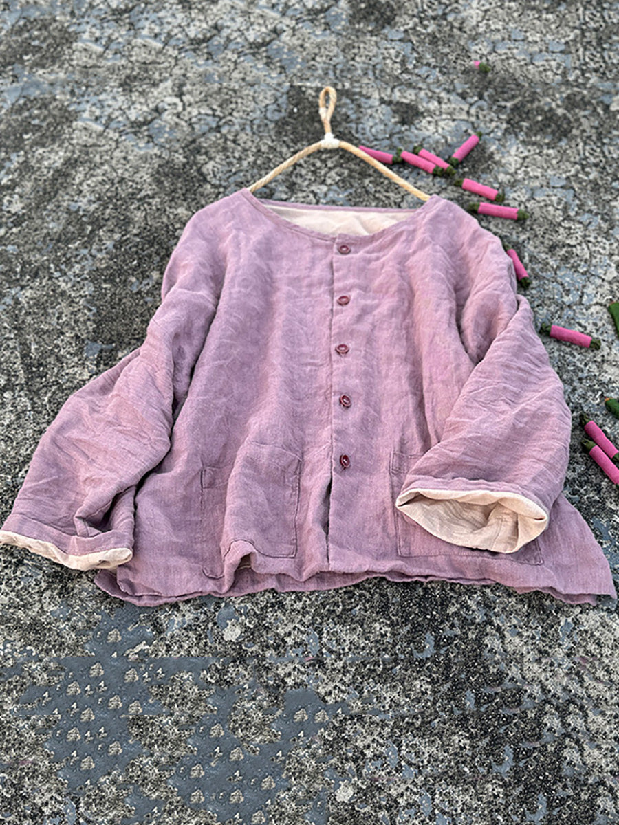 Women Vintage Autumn Pure Color O-Neck Shirt Coat