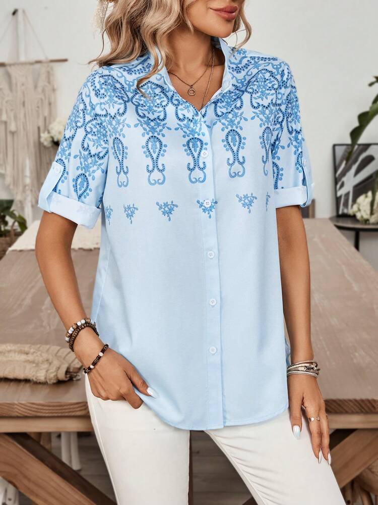 Ladies' Blue Abstract Pattern Summer Top Shirt