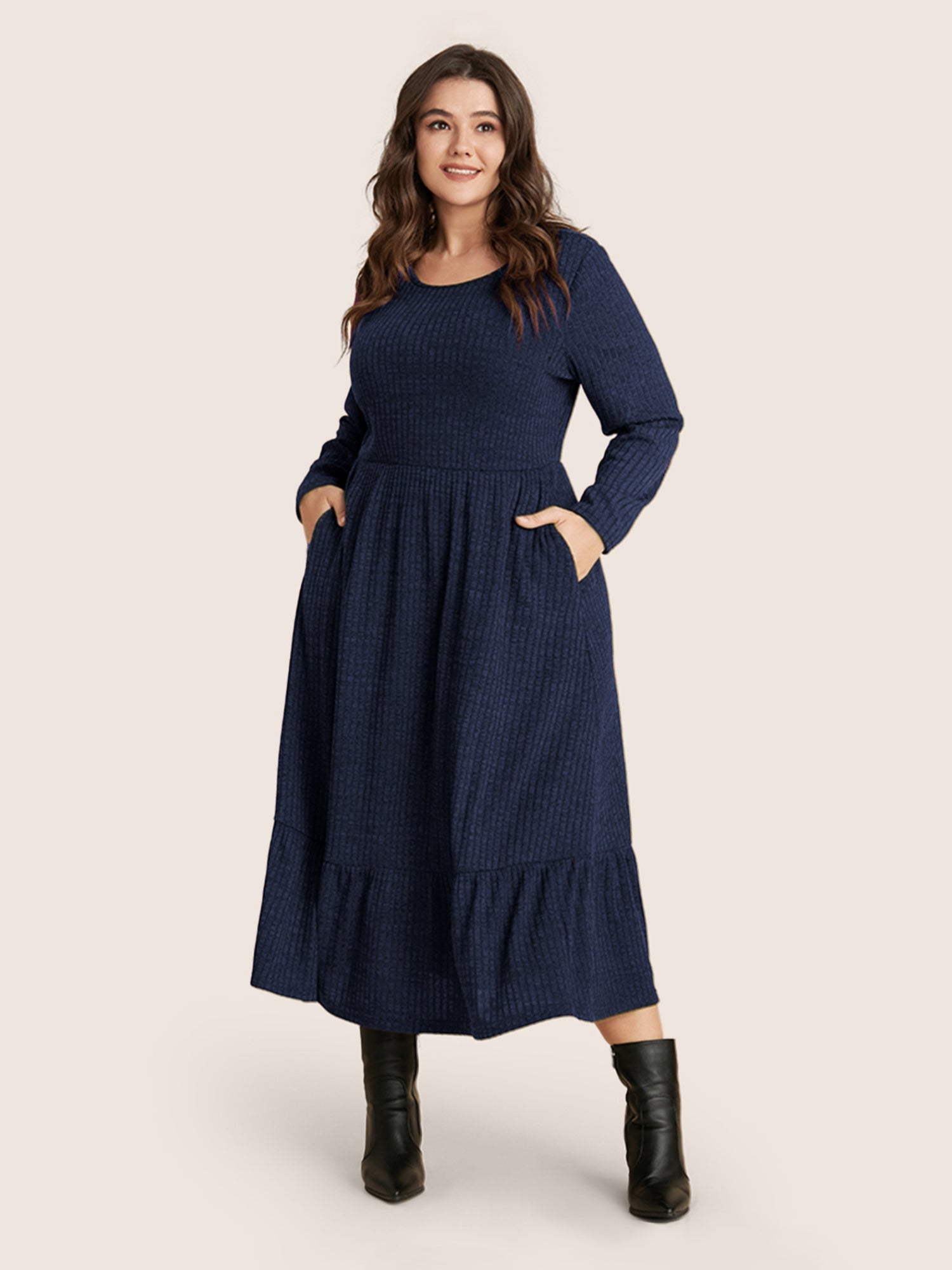 Solid Pocket Rib Knit Ruffle Hem Dress Without Belt