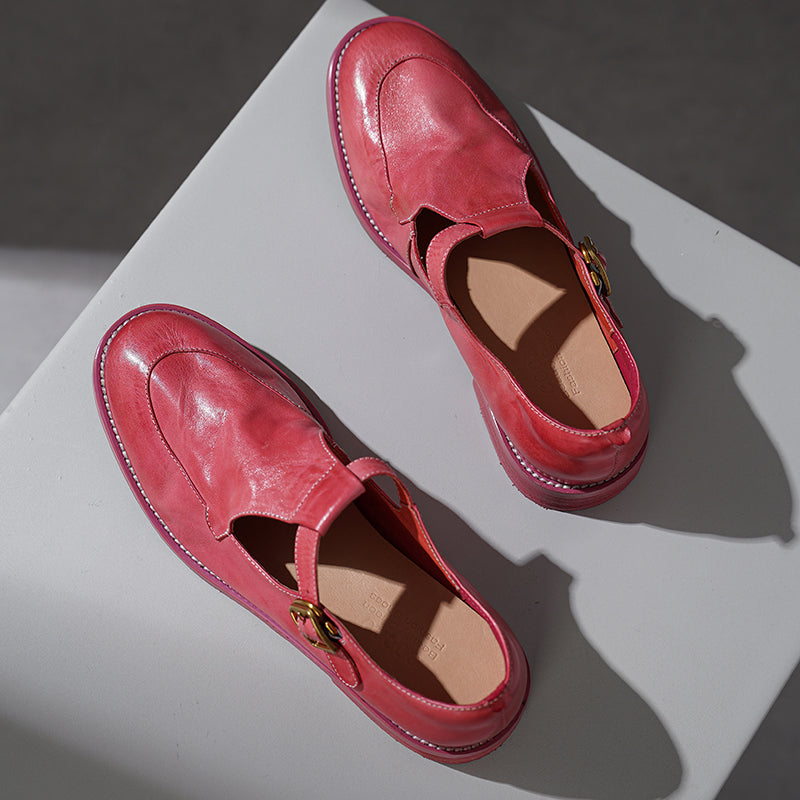 Vintage British Style Soft Leather Mary Jane Shoes Horse Leather T-Strap Sandals Pink/Yellow/Black