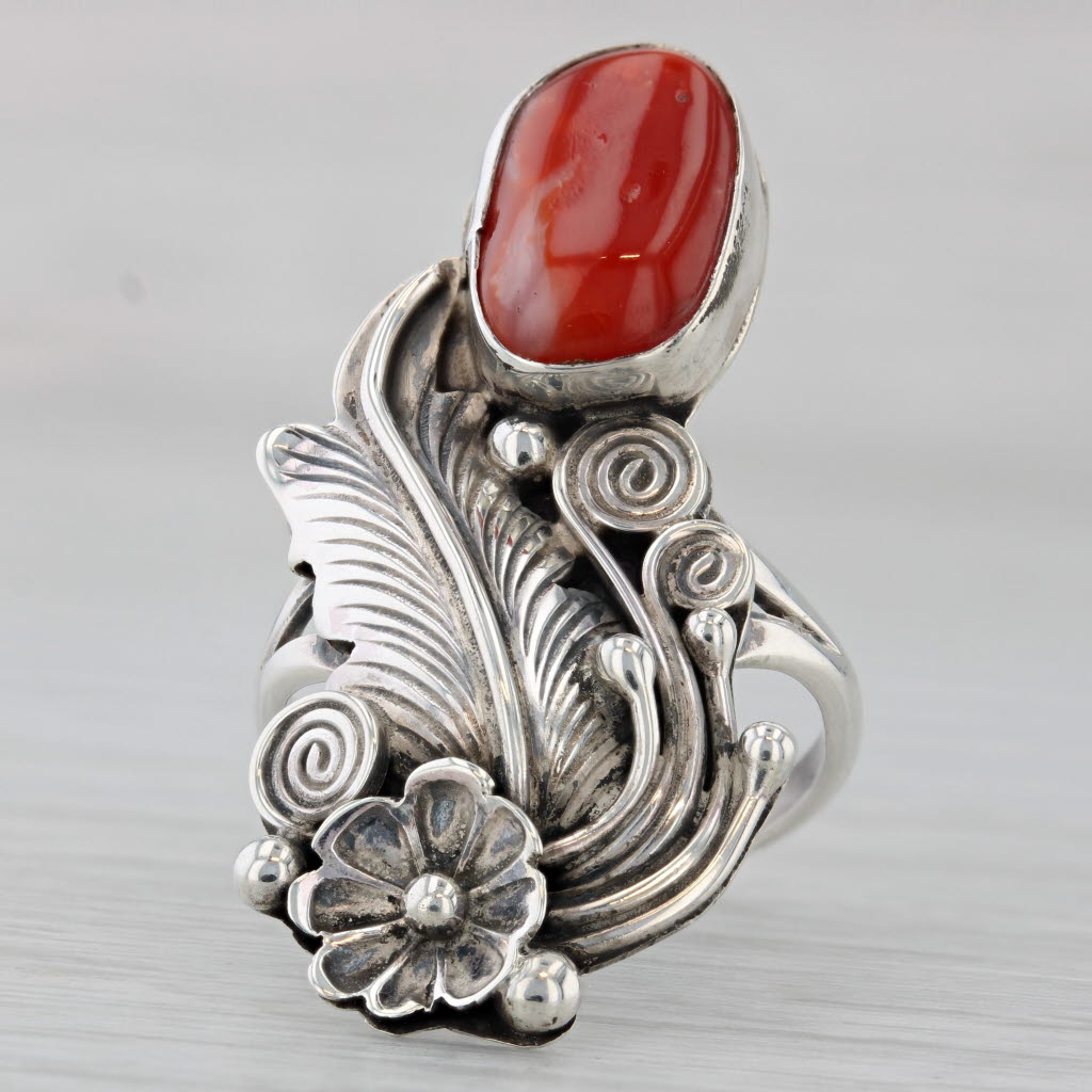 Vintage Yazzie Navajo Native American Coral Feather Ring Sterling Silver