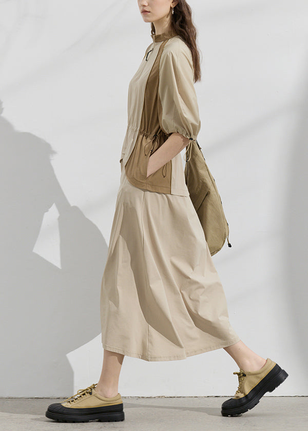 Original Design Khaki Drawstring Patchwork Cotton Dresses Summer