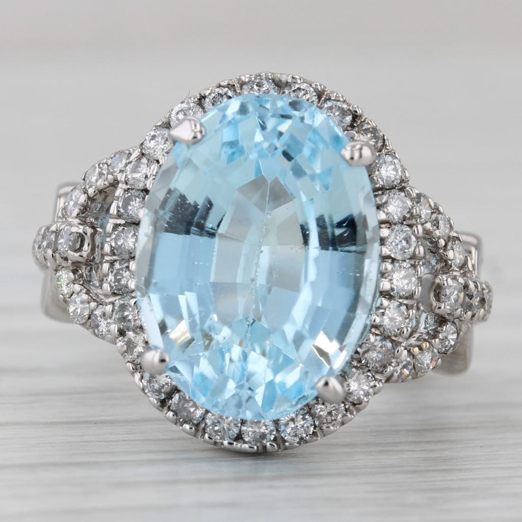 12.61ctw Blue Topaz Diamond Halo Ring 14k White Gold Size 6.75