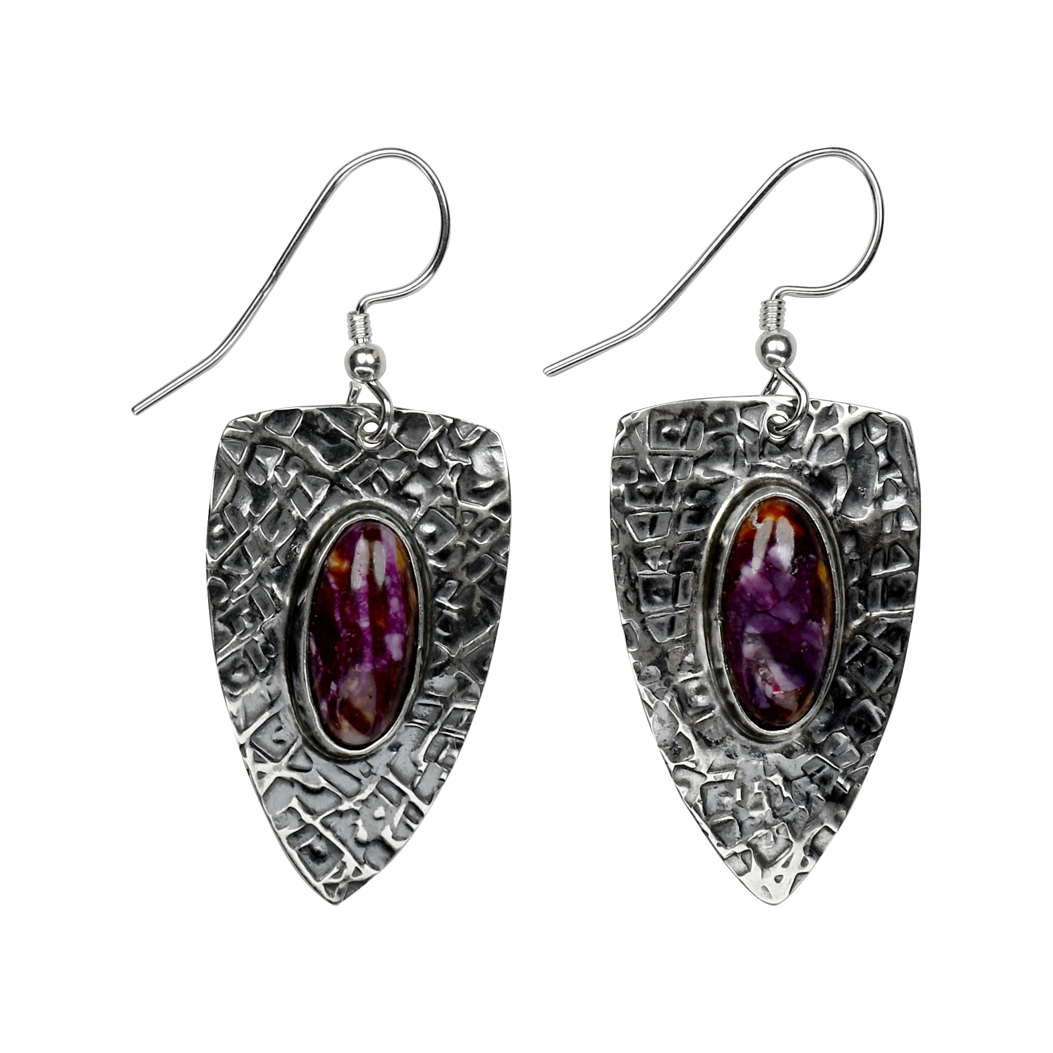 Purple Spiny Oyster Stamped Arrowhead Earrings