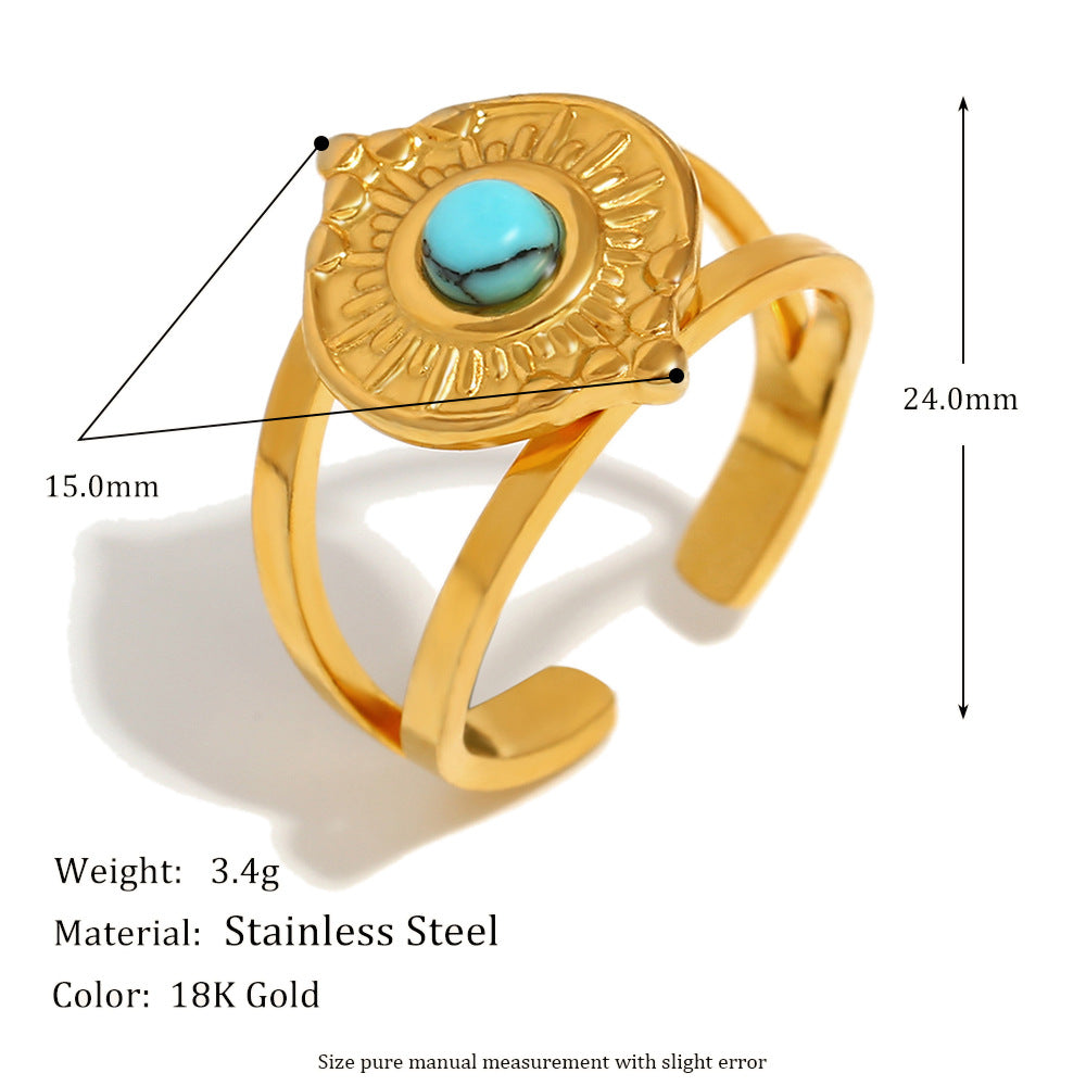 Retro Fashion Hand Jewelry Stainless Steel Plated 18K Gold Starfish Shell Gemstone Love Heart Open Ring