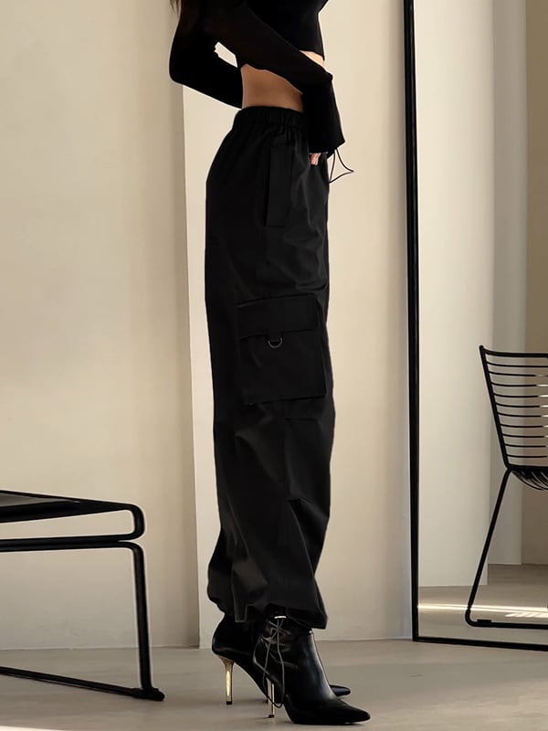 High Waisted Loose Drawstring Elasticity Pockets Split-Joint Pants Trousers