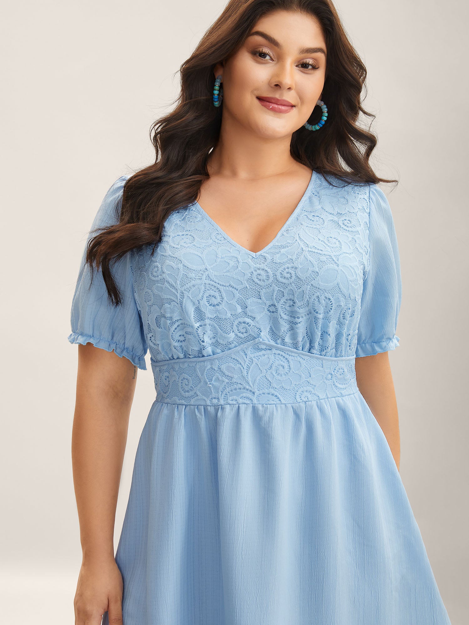 V Neck Textured Lace Midi Dress