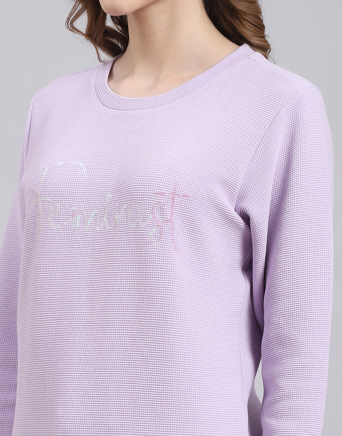 Women Purple Self Design Round Neck Full Sleeve Sweatshirt