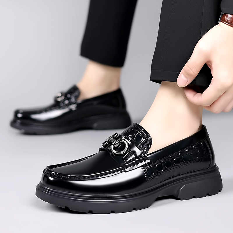 Getjiida Slip on Shoes High Quality Men's Business British Style Casual Thick Soled Leather Shoes, Fashionable Printed Brand High-end Trendy Lefu Shoes