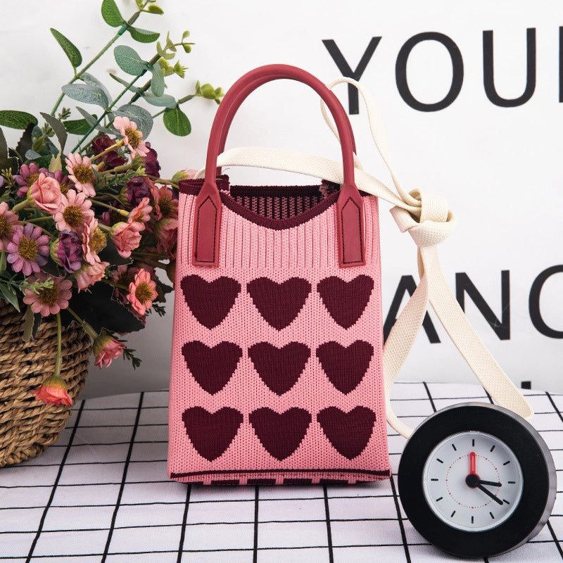 Women's Polyester Stripe Heart Shape Cat Cute Classic Style Weave Sewing Thread Square Open Straw Bag
