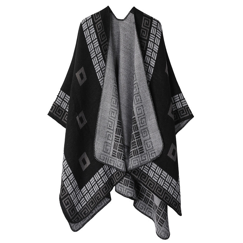 Winter Cashmere Double-sided Plaid Shawl Women's Outer Cape Increased Thickness Warm Knitted Scarf Spot