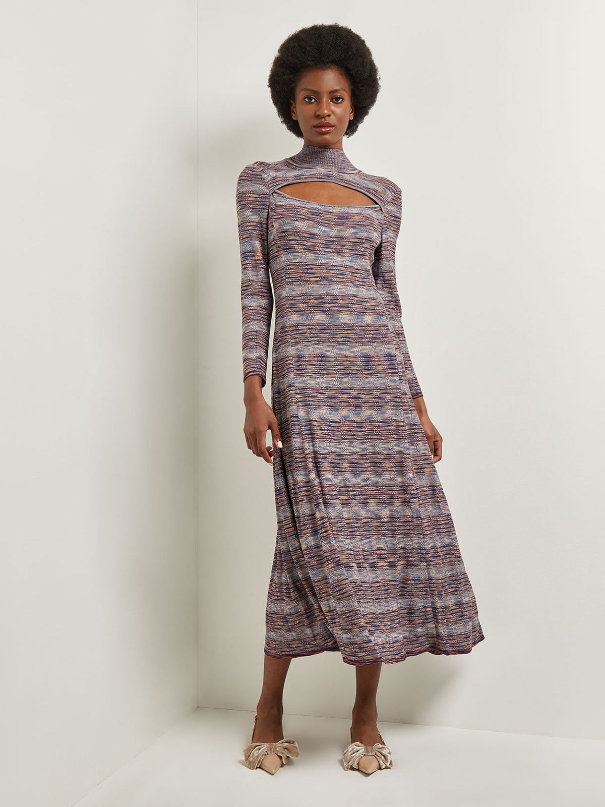 Modern Fit-and-Flare Melange Knit Cutout Midi Dress