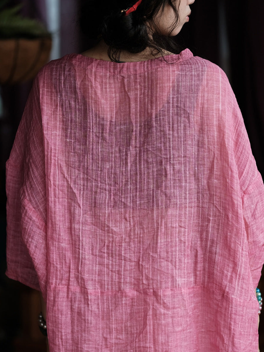 Women Summer Retro Plaid O-Neck Linen Shirt