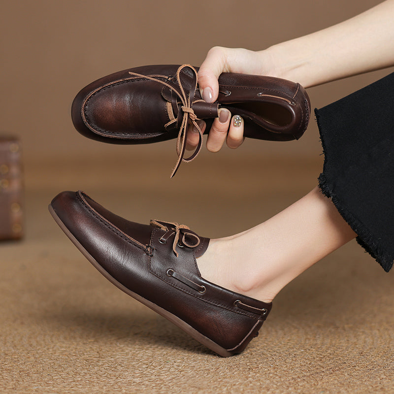 Vintage Leather Lace-Up Loafers Round Toe Flat Oxford Shoes in Light Brown/Deep Brown/Caramel/Apricot