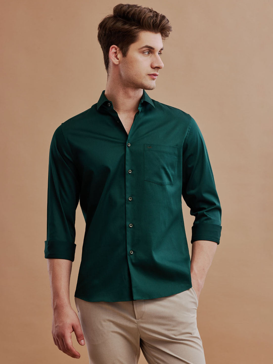 Men Satin Stretch Formal Green Shirt (SILAS)