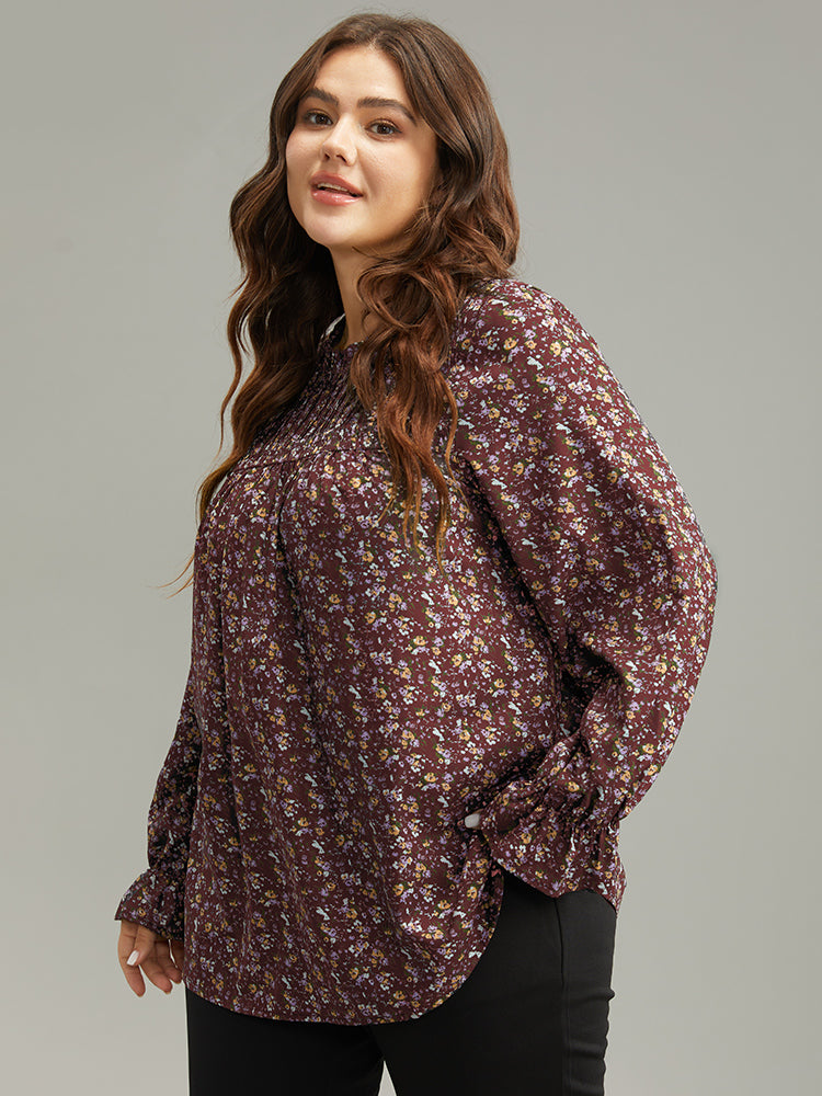 Ditsy Floral Stand Collar Pleated Blouse