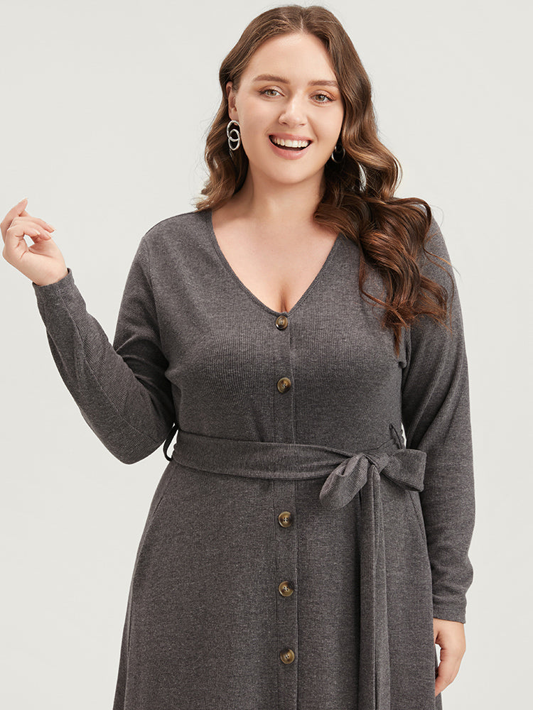 Solid Pocket Button Up Belted Rib Knit Dress