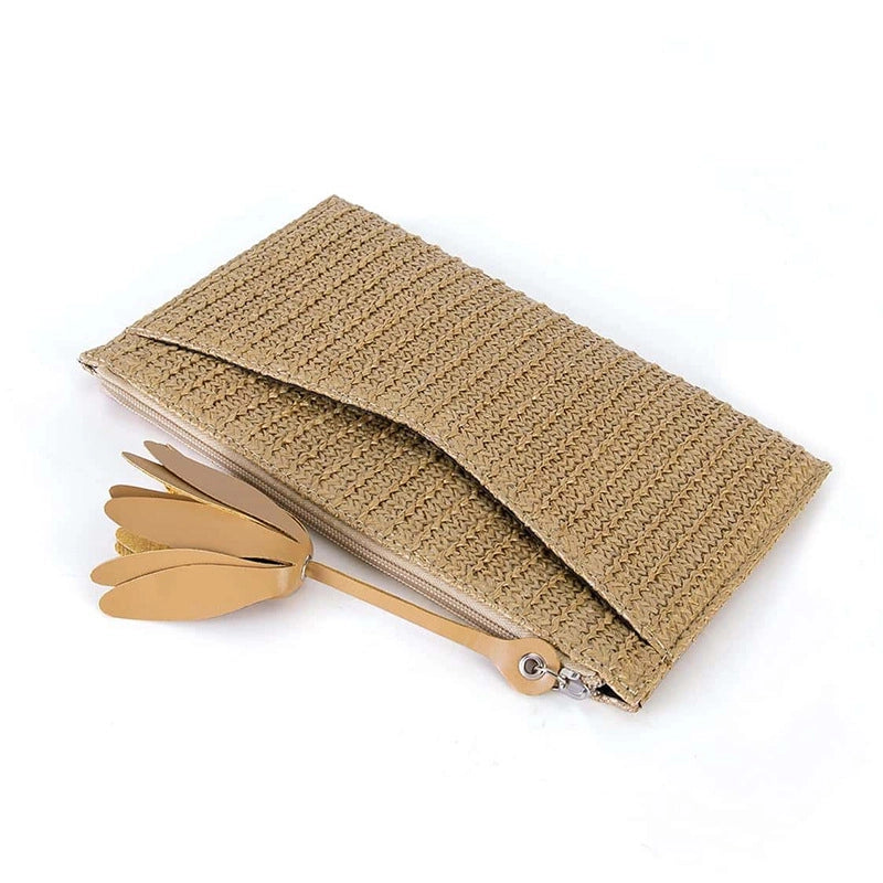 Women's Small Straw Solid Color Vacation Classic Style Weave Square Zipper Clutch Bag