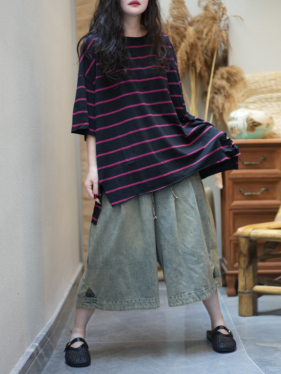 Women Summer Casual Stripe Cotton O-Neck Shirt