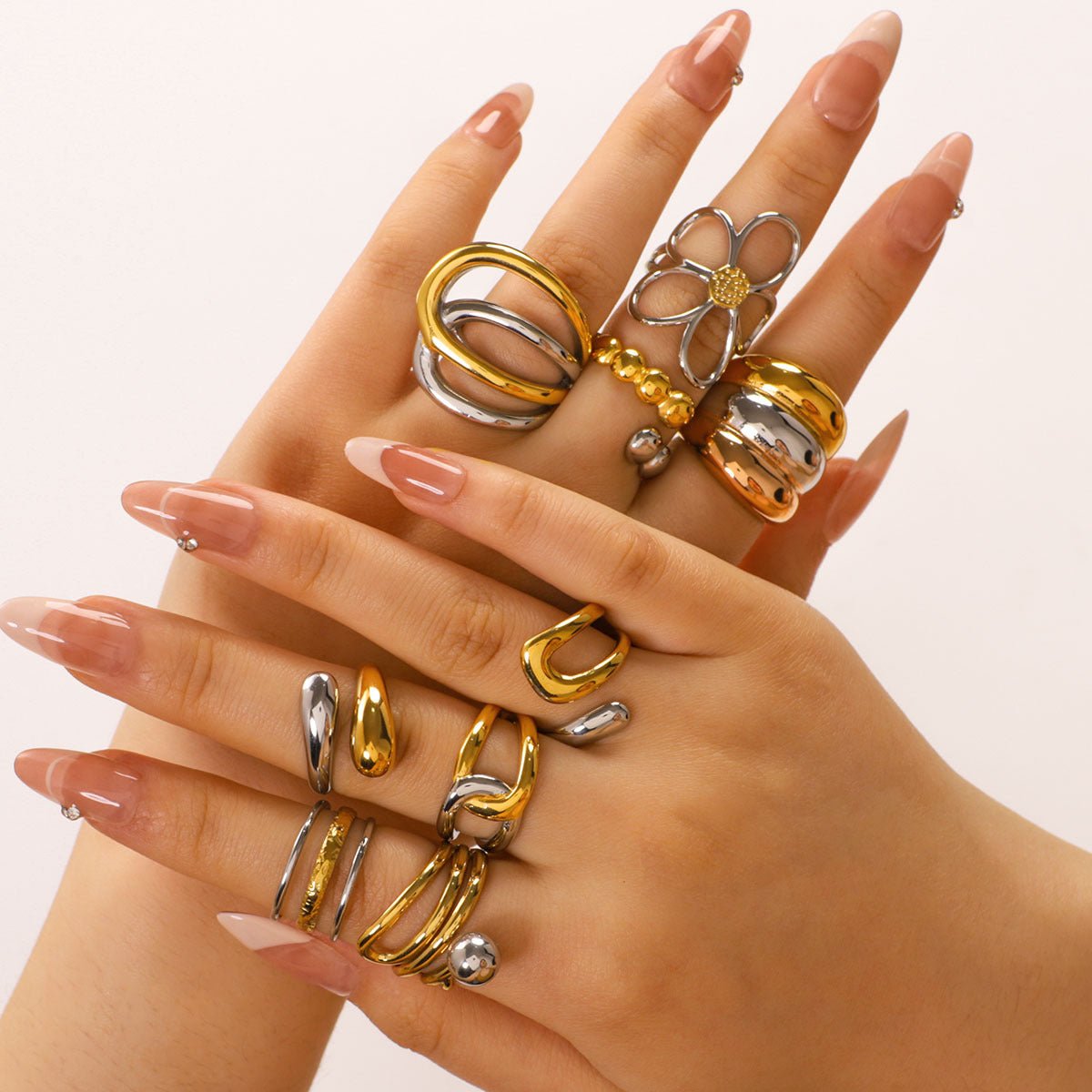 Design Sense Two-Color Hollow Lines Gold Ring Asymmetrical Staggered Exaggerated Stainless Steel Ring Women