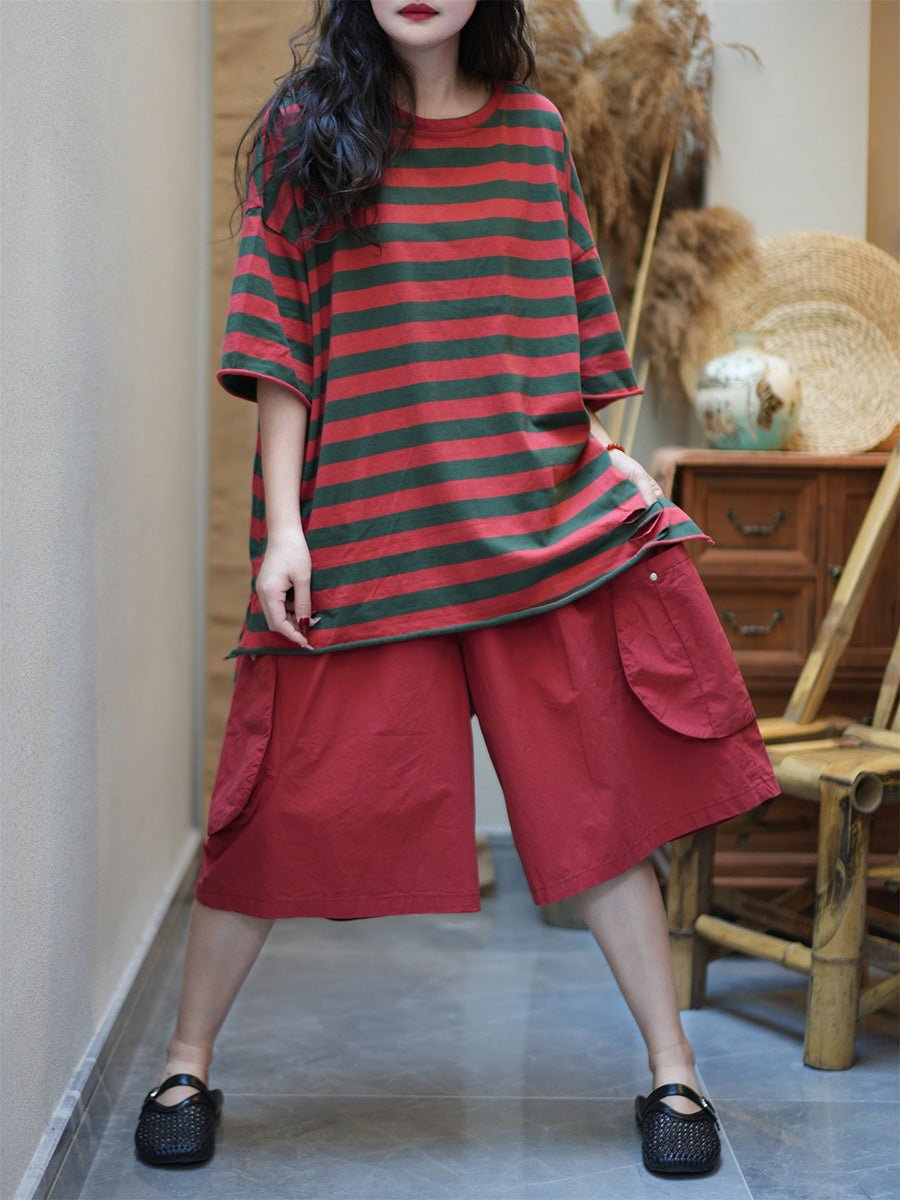 Women Summer Casual Stripe Cotton O-Neck Shirt
