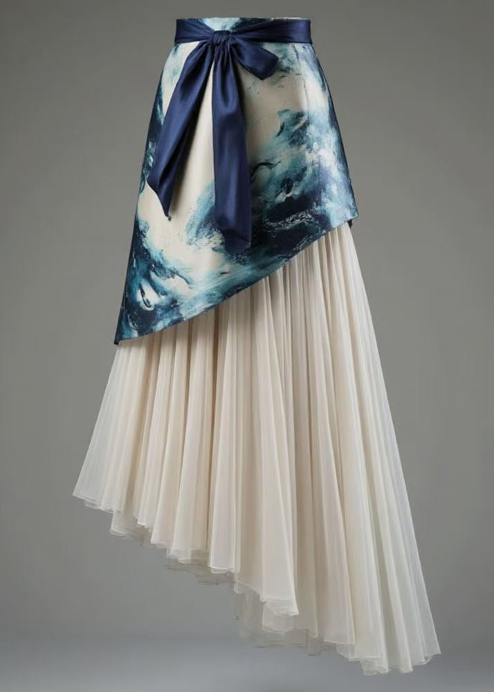 French Blue Asymmetrical Lace Up Tulle Patchwork Skirts Summer