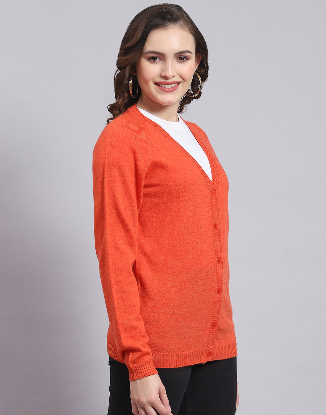 Women Orange Solid V Neck Full Sleeve Sweater