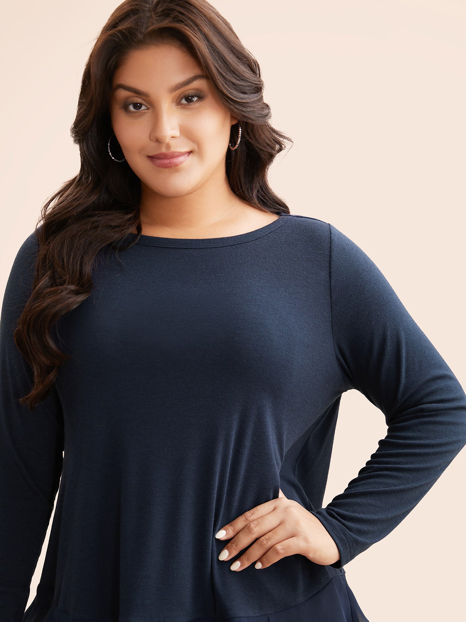 Boat Neck Patchwork Mesh Ruffles Top