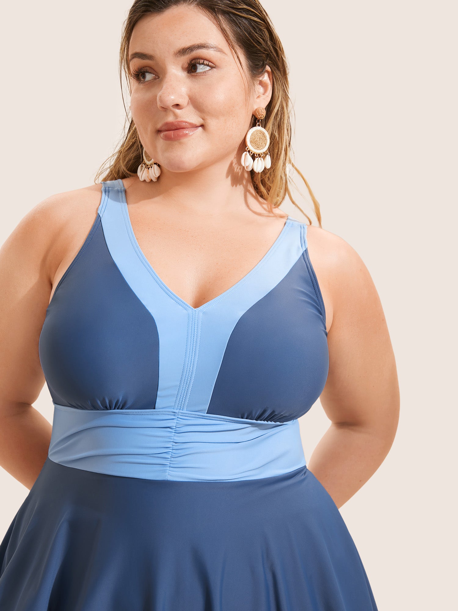 Two Tone Patchwork Gathered Swim Dress