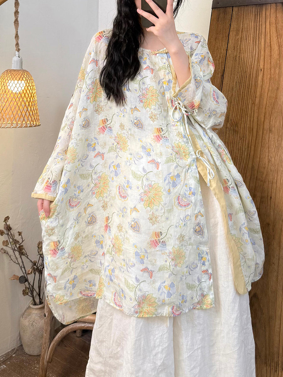 Women Summer Artsy Butterfly Flower Ramie O-Neck Shirt