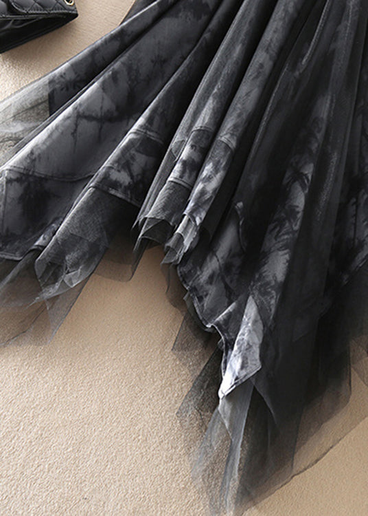 French Black Asymmetrical Tie Dye Tulle Skirts Spring