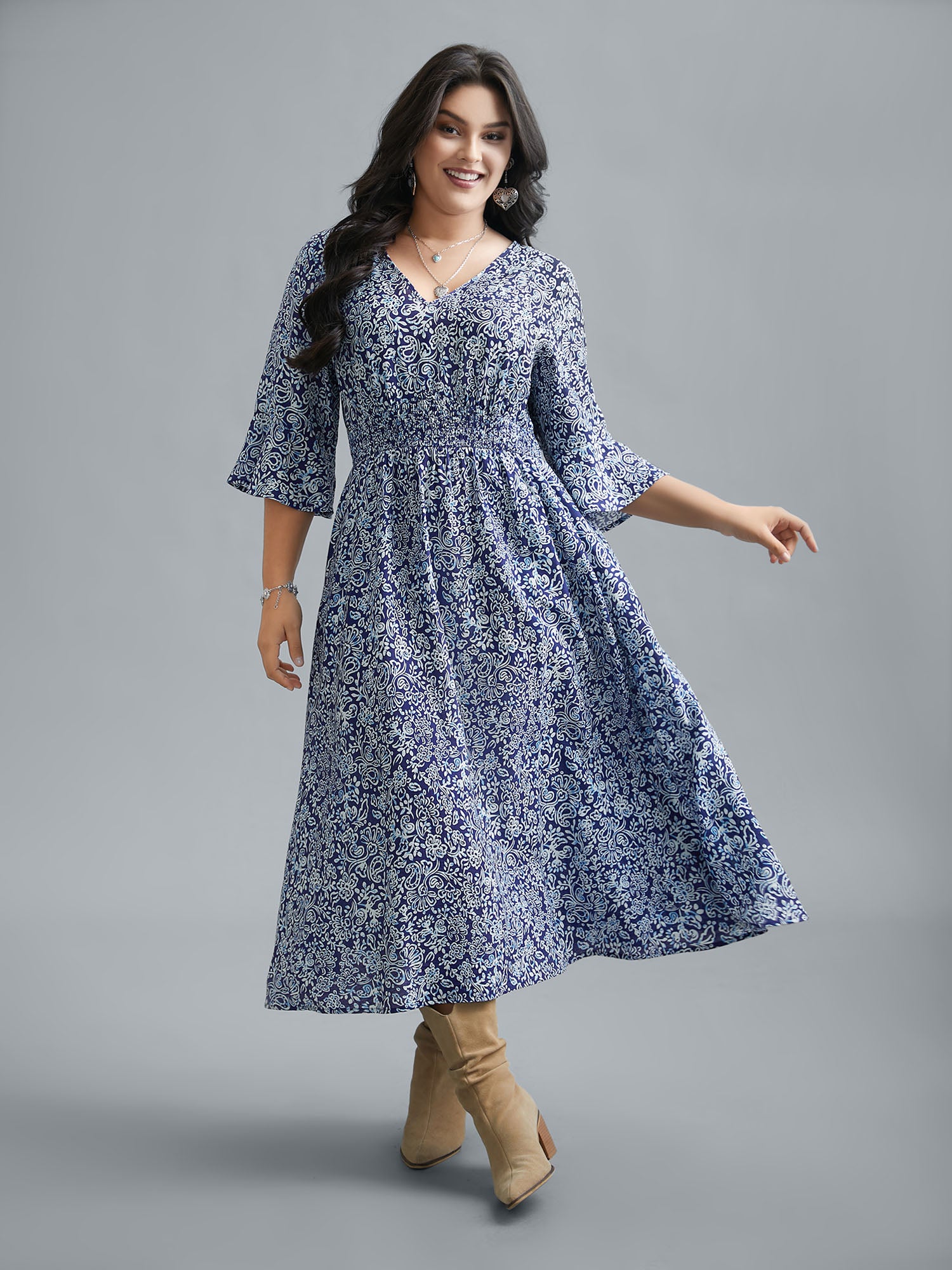 V-Neck Paisley Print Smocked Waist Dress