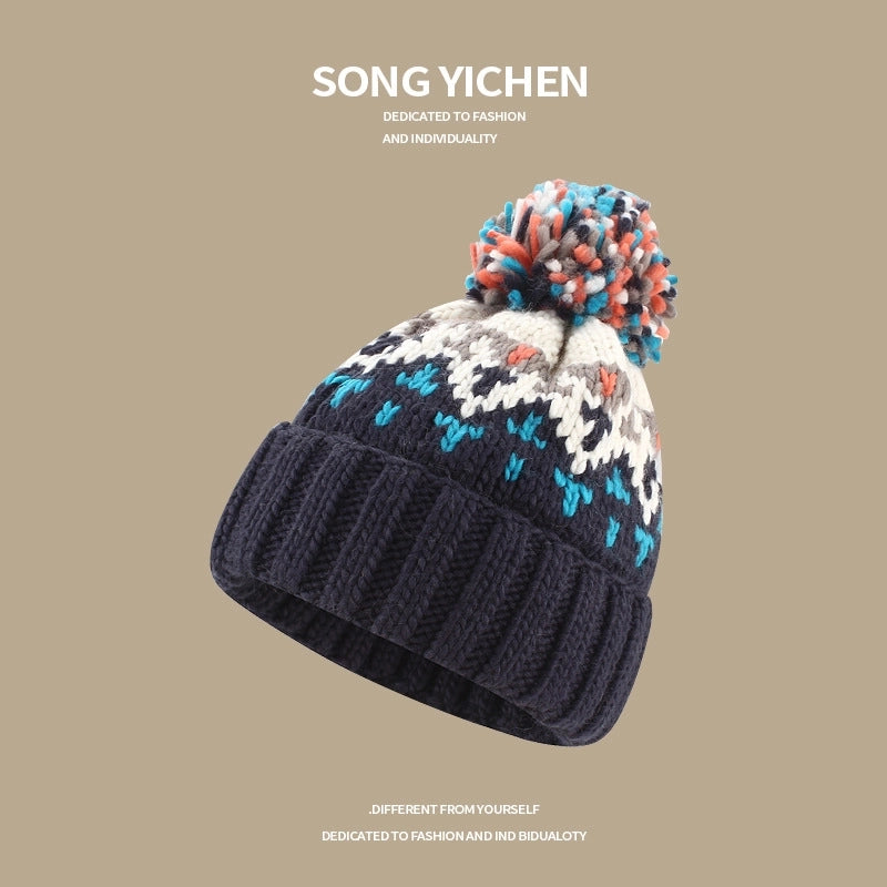 Warm Blue Knitted Hat Female Fashion Brand Colorful Fur Ball Christmas Hat Autumn And Winter Ear Protection Wool Hat